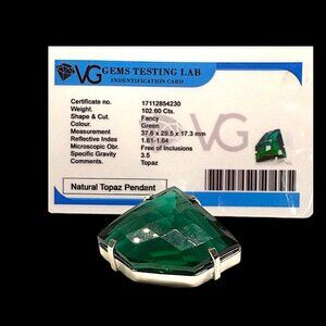 Natural 102.60 Ct Green Topaz Pendant Gemstone Fancy Cut Certified Brazil Rare